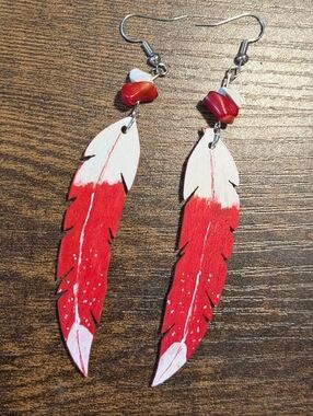 Native American Hand Painted Red & White Wooden Feather Earrings